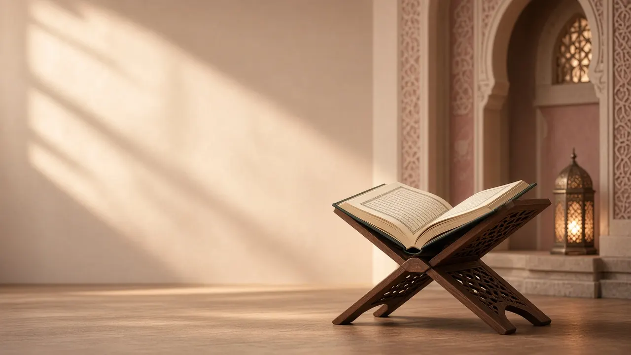 مصحف مفتوح على حامل خشبي في ضوء دافئ