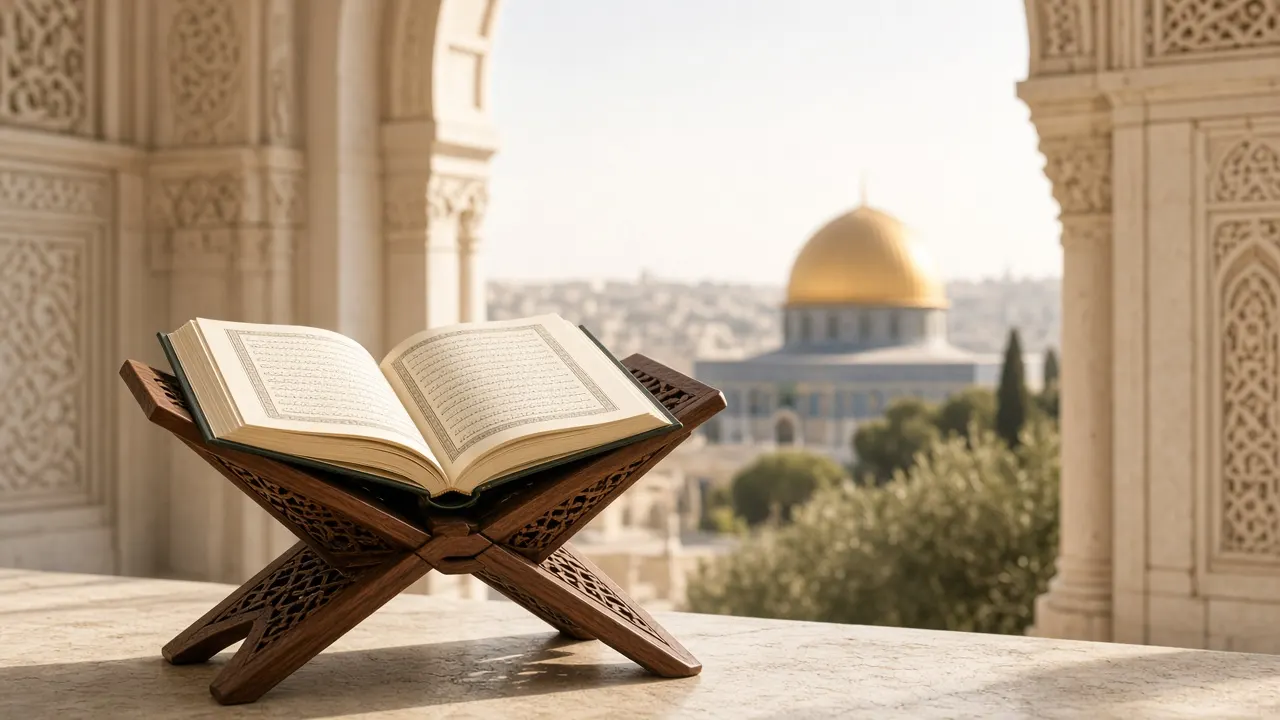 مصحف مفتوح على حامل خشبي، مع عمارة حجرية في الخلفية