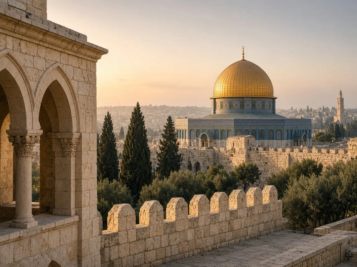 عمارة حجرية دافئة بقبة ذهبية في ضوء الصباح